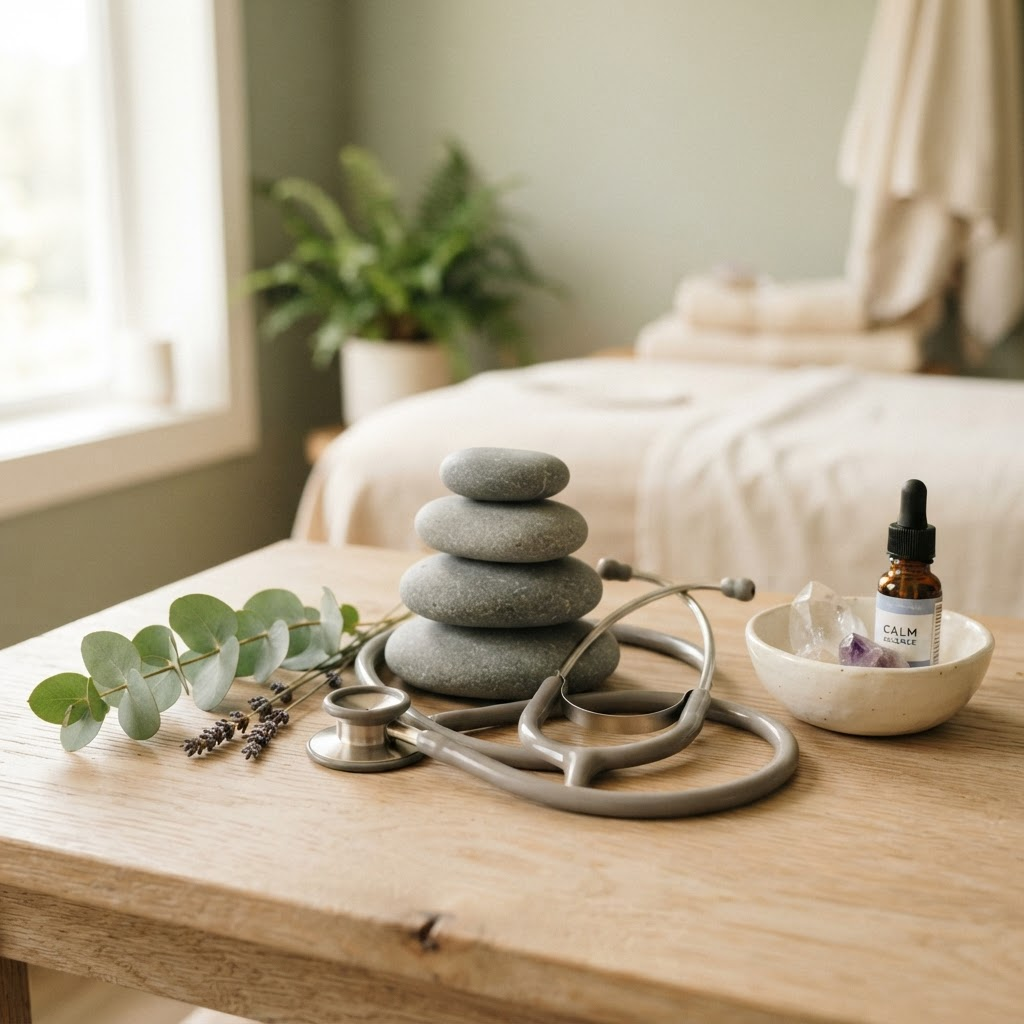 Stethoscope resting beside balanced zen stones and eucalyptus leaves, representing holistic family medicine